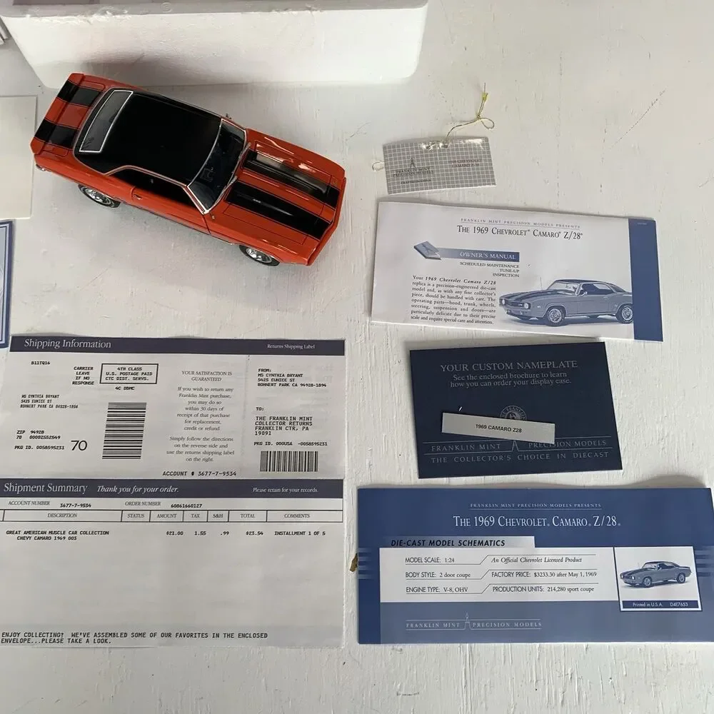 Vintage Franklin Mint 1:24 ‘69 Chevrolet CAMARO Z/28 w/box & Everything New